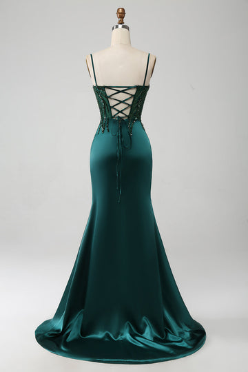 Vestido de fiesta de corsé plisado de lentejuelas de lentejuelas verde oscuro brillante con abertura